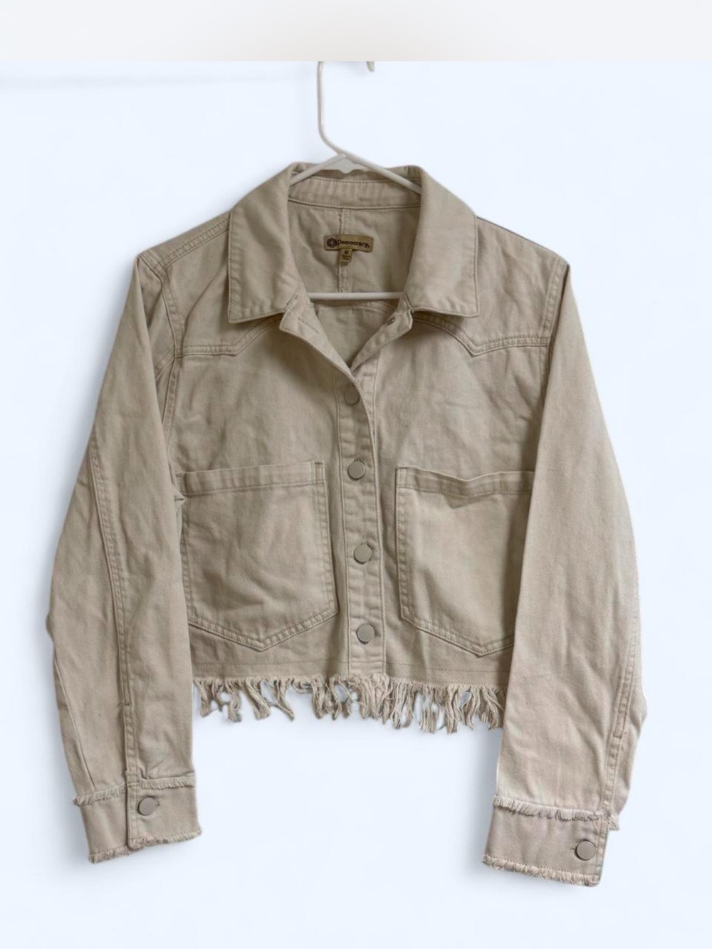 Democracy Cropped Frayed-Hem Jean Jacket in Beige